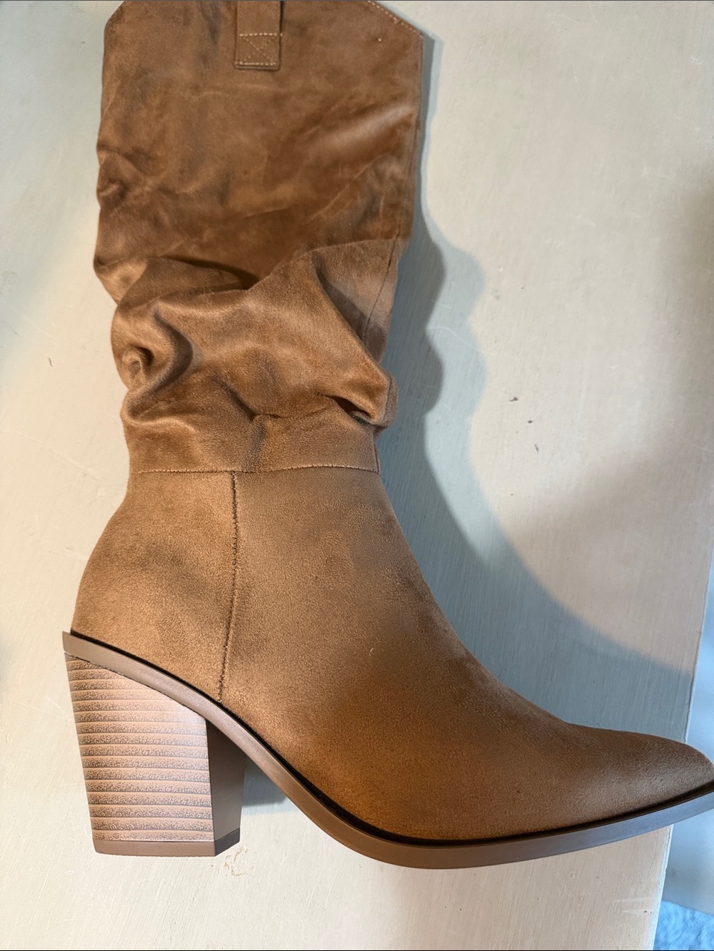 JustFab Tan Slouchy Mid-Calf Block Heel Boot